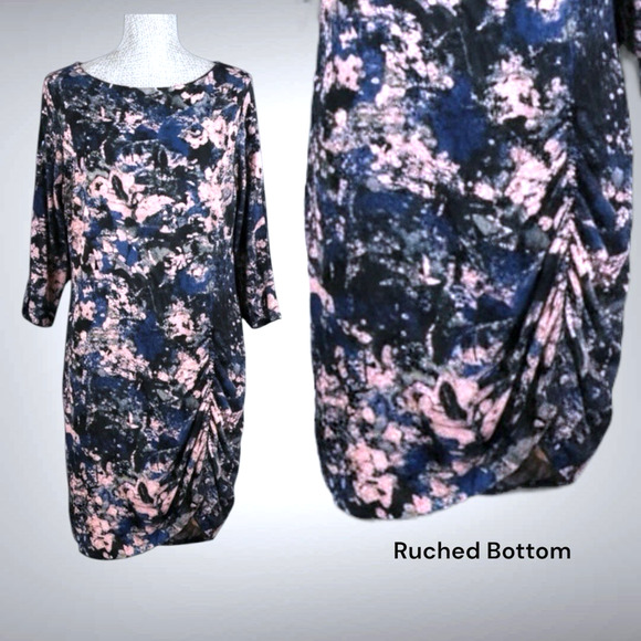 Kenneth Cole Abstract Print Ruched Sheath Dress NWT 3/4 Sleeves Blue Pink Sz L - Picture 1 of 13